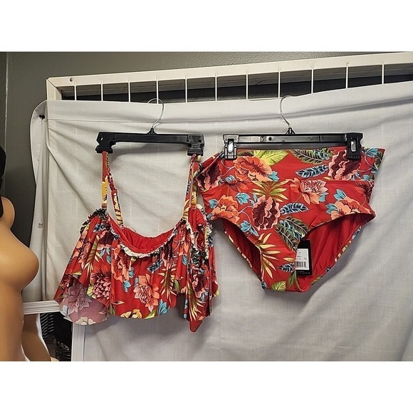 New SEXY LARGE Sunn Swim Lab Red Hawaiian two-piece ruffle Bikini HIGH waist - Picture 12 of 12